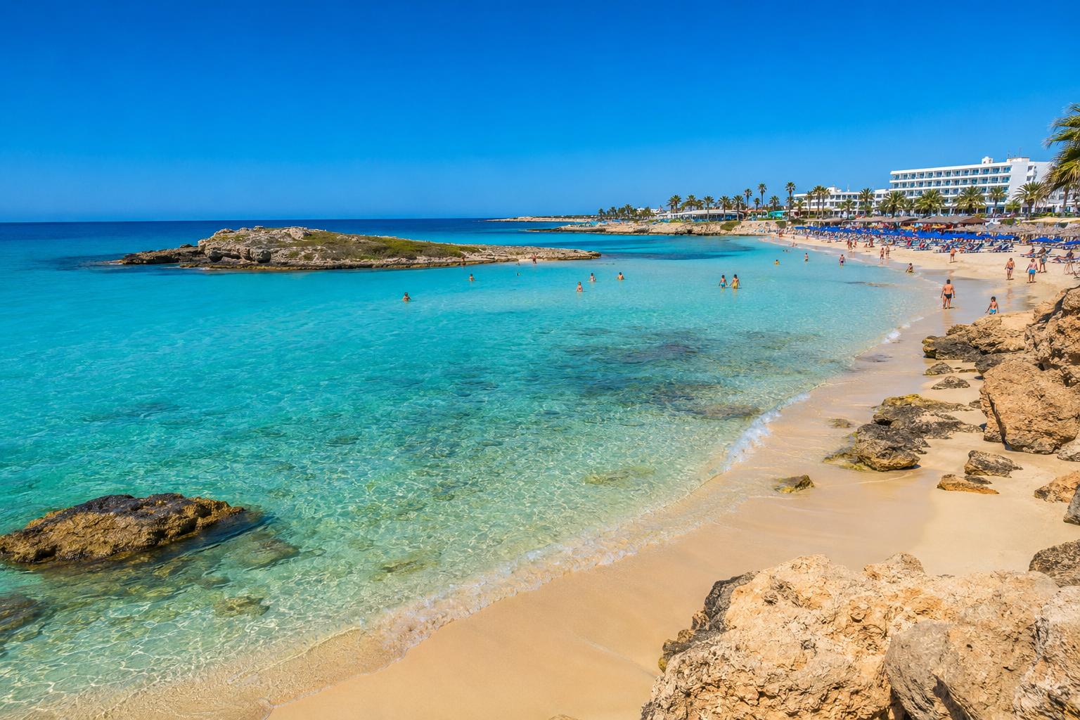 Crystal-clear waters and golden sand at one of the beautiful beaches of Ayia Napa, Cyprus