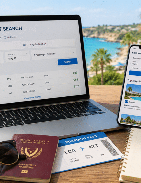 Last minute booking in Ayia Napa with flight search, hotel booking and travel planning for a Cyprus holiday