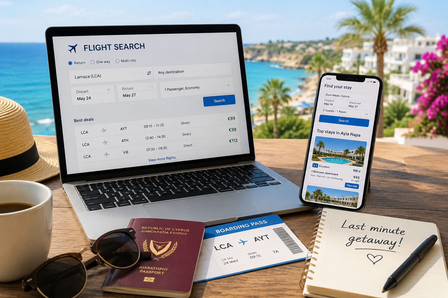 Last minute booking in Ayia Napa with flight search, hotel booking and travel planning for a Cyprus holiday