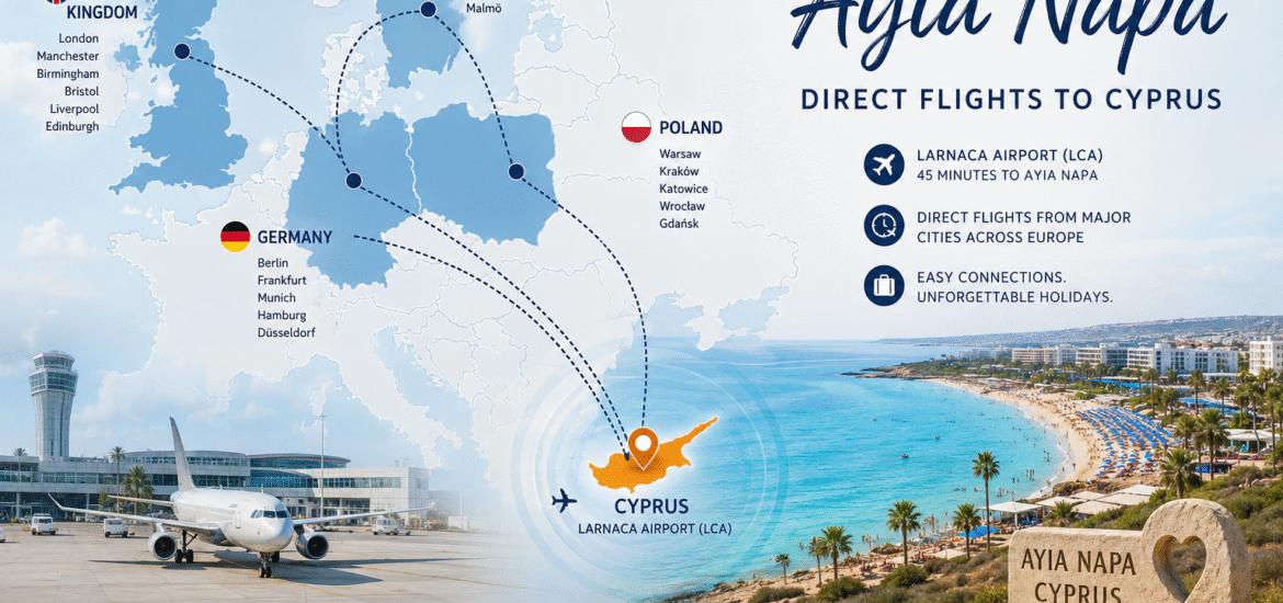 Flights to Ayia Napa from the UK, Poland, Sweden and Germany via Larnaca Airport. Map showing direct flights from the United Kingdom, Poland, Sweden and Germany to Cyprus and Ayia Napa via Larnaca Airport