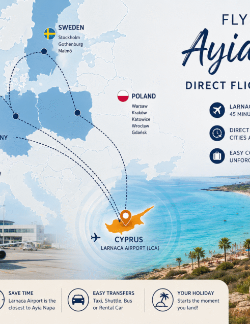 Flights to Ayia Napa from the UK, Poland, Sweden and Germany via Larnaca Airport. Map showing direct flights from the United Kingdom, Poland, Sweden and Germany to Cyprus and Ayia Napa via Larnaca Airport