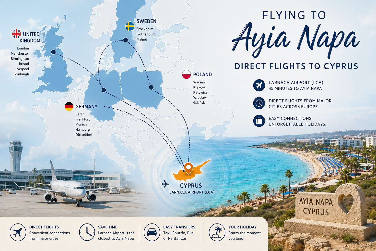 Flights to Ayia Napa from the UK, Poland, Sweden and Germany via Larnaca Airport. Map showing direct flights from the United Kingdom, Poland, Sweden and Germany to Cyprus and Ayia Napa via Larnaca Airport