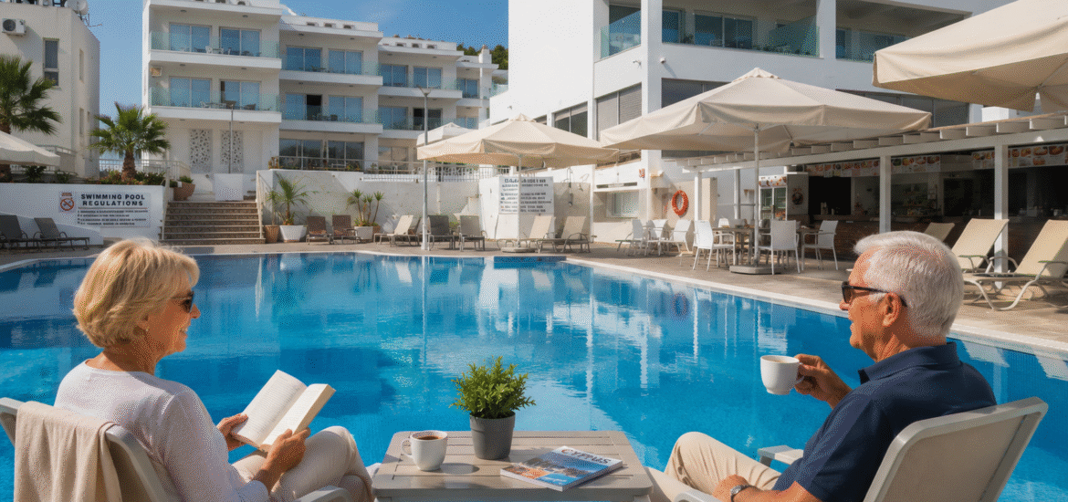 Retired couple enjoying a relaxing winter long stay by the swimming pool at La Casa Di Napa Apartments in Ayia Napa, Cyprus.