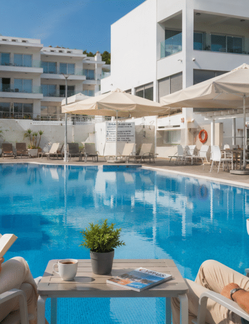Retired couple enjoying a relaxing winter long stay by the swimming pool at La Casa Di Napa Apartments in Ayia Napa, Cyprus.
