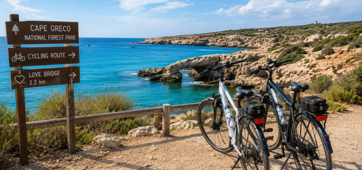 Ayia Napa cycling holidays featuring bicycles overlooking Cape Greco and the Love Bridge coastal route