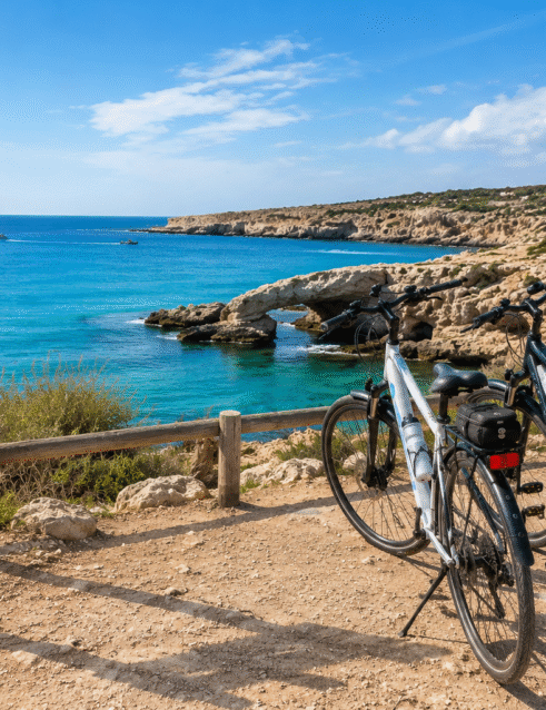 Ayia Napa cycling holidays featuring bicycles overlooking Cape Greco and the Love Bridge coastal route