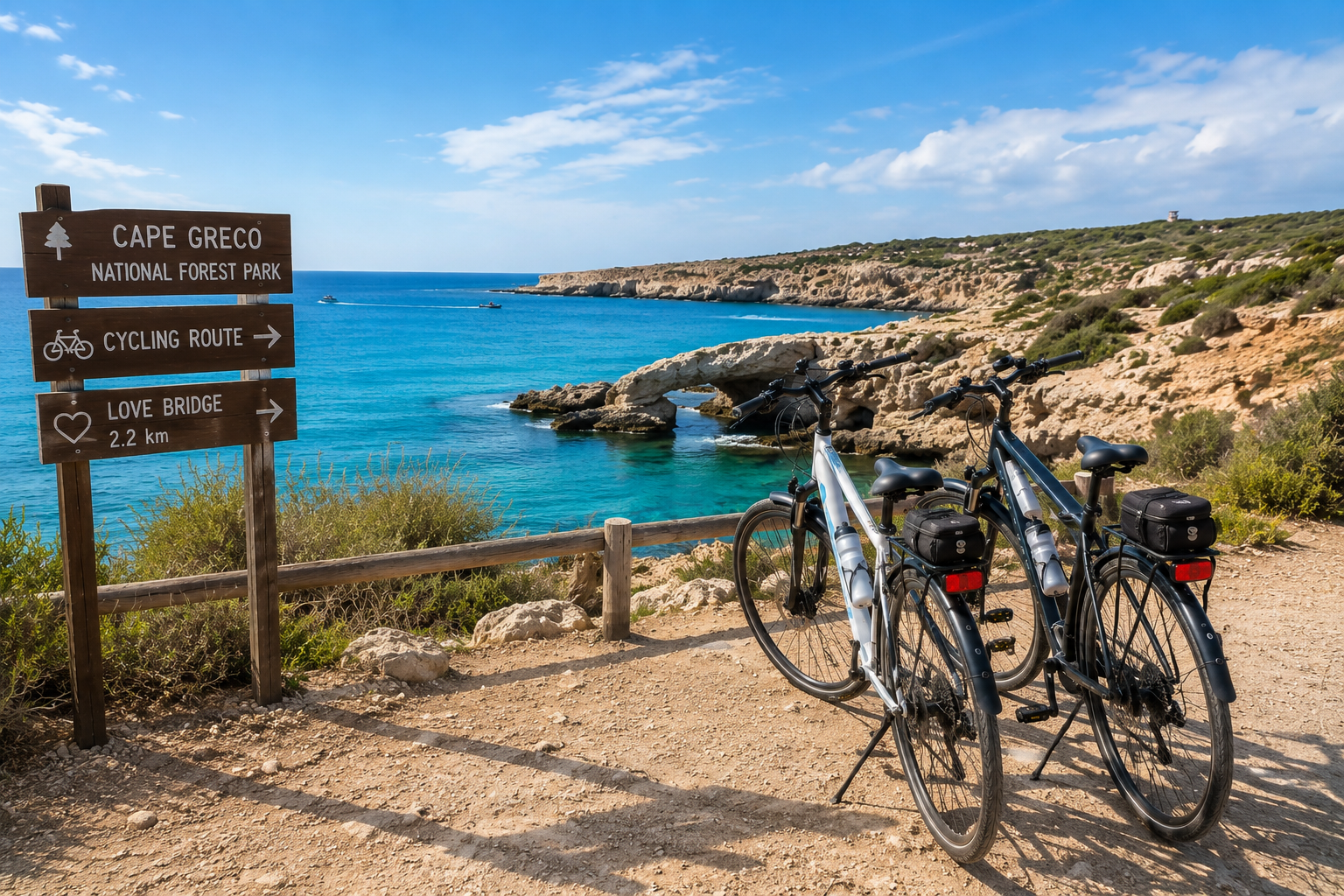 Ayia Napa cycling holidays featuring bicycles overlooking Cape Greco and the Love Bridge coastal route
