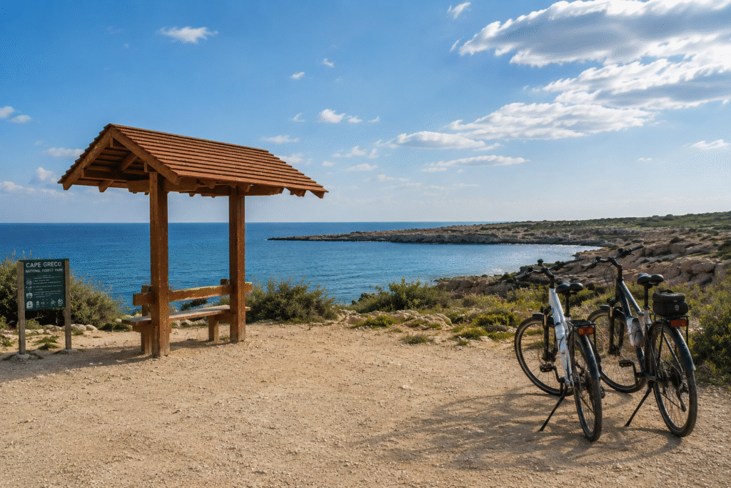 Cycling rest stop overlooking the coastline near Cape Greco during an Ayia Napa cycling holiday