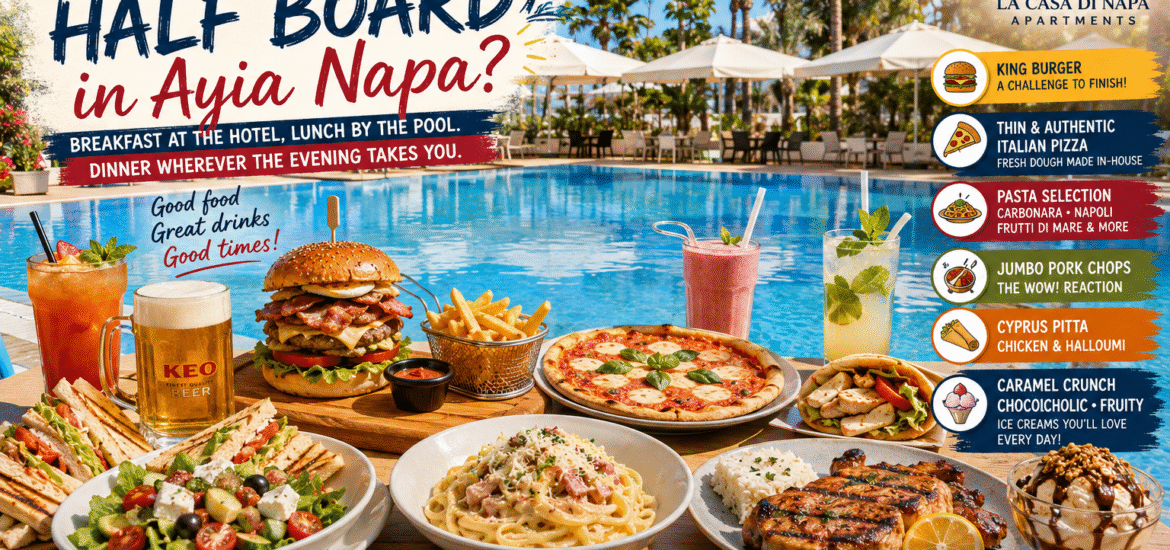 Poolside dining at La Casa Di Napa Apartments in Ayia Napa featuring pizza, burgers, pasta, cocktails and family-friendly meals