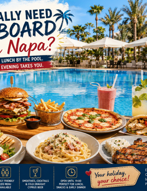 Poolside dining at La Casa Di Napa Apartments in Ayia Napa featuring pizza, burgers, pasta, cocktails and family-friendly meals