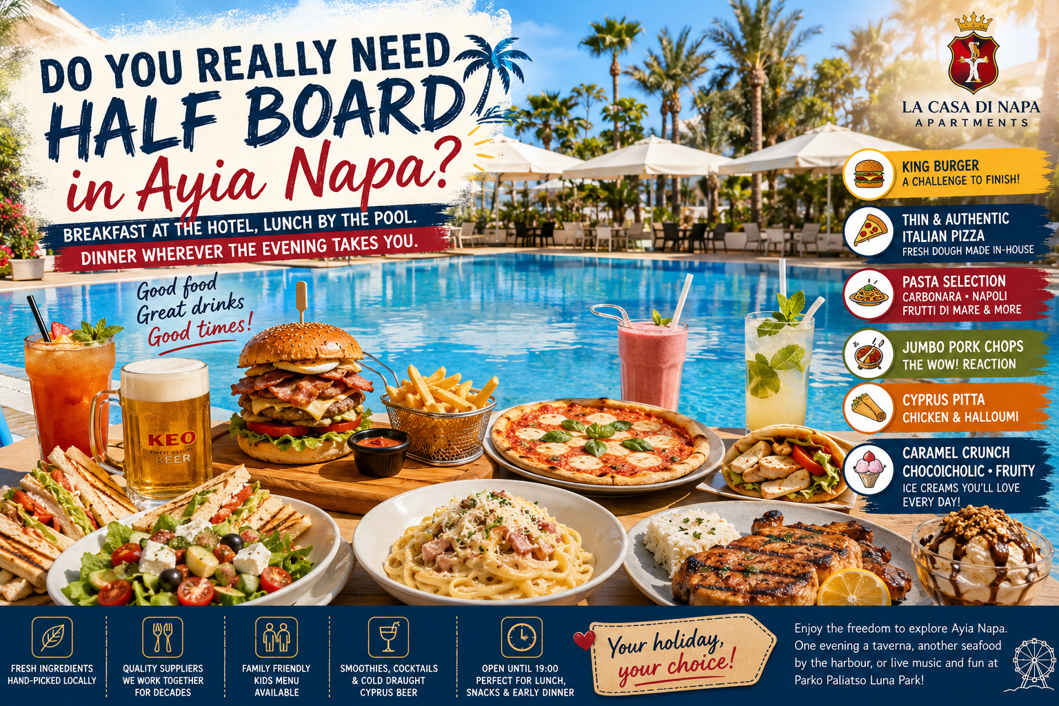 Poolside dining at La Casa Di Napa Apartments in Ayia Napa featuring pizza, burgers, pasta, cocktails and family-friendly meals