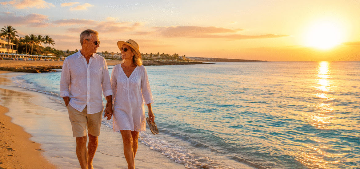 Couple enjoying warm sea temperatures in Ayia Napa during autumn