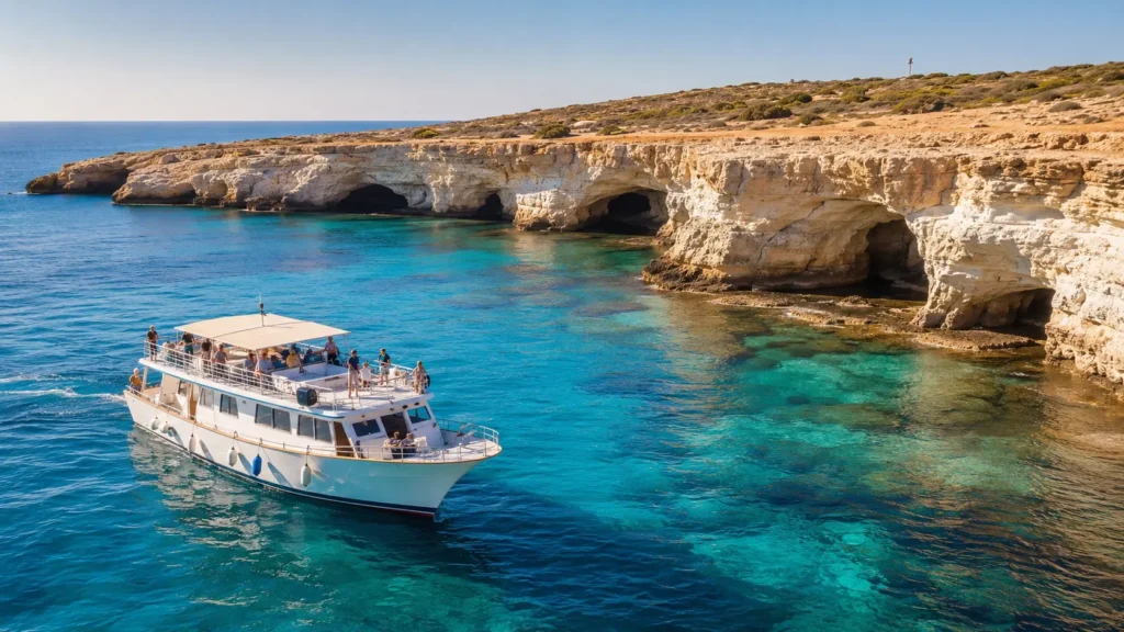 Boat excursion near the Ayia Napa sea caves during autumn