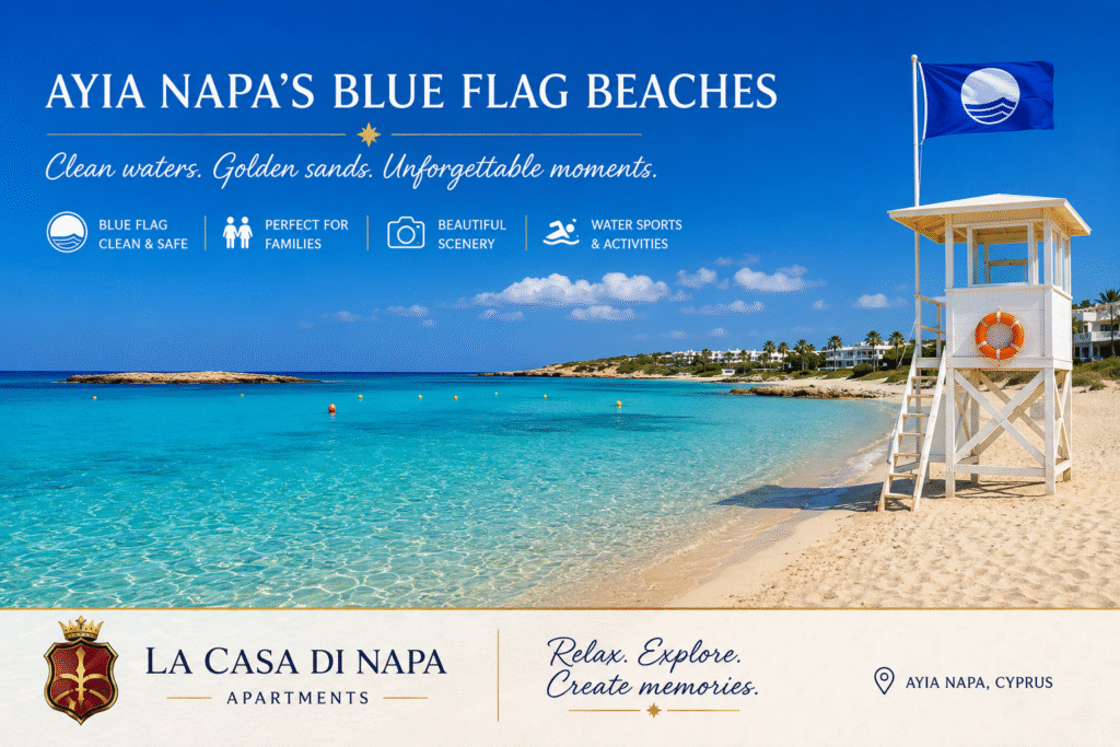 Blue Flag beach in Ayia Napa with crystal-clear turquoise waters, golden sand and a lifeguard tower.