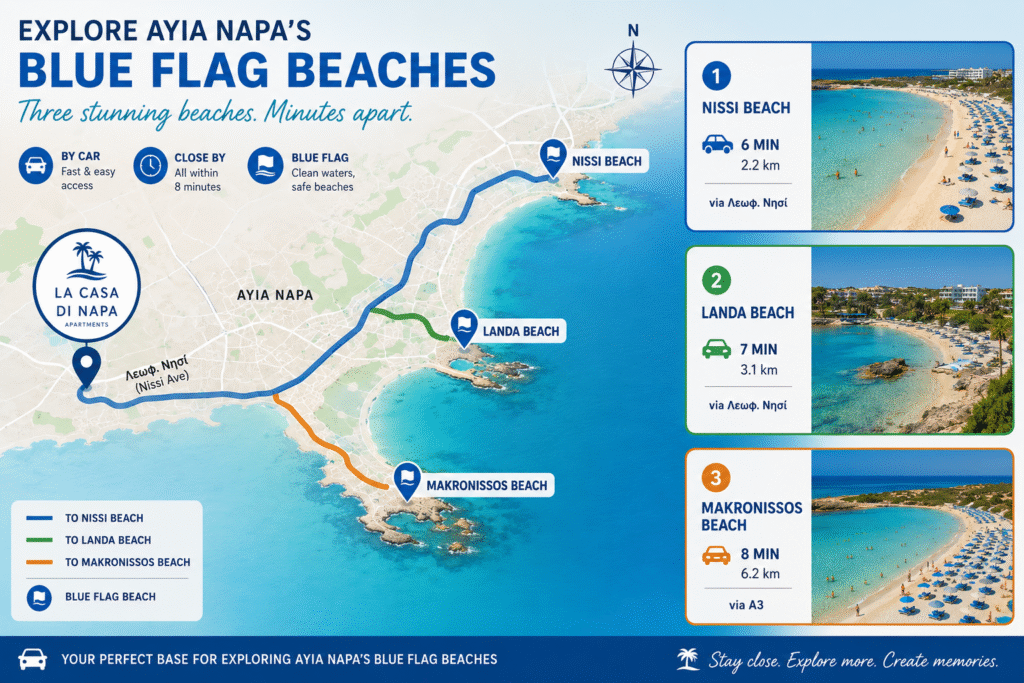 Map showing the driving distance from La Casa Di Napa Apartments to Nissi Beach, Landa Beach and Makronissos Beach in Ayia Napa.