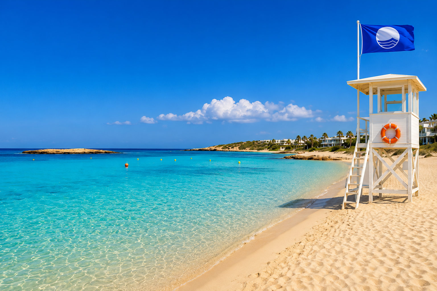 Blue Flag beach in Ayia Napa with crystal-clear turquoise water, golden sand and a lifeguard tower.