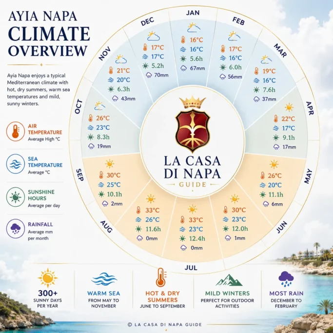Ayia Napa climate overview by month with air and sea temperatures, sunshine hours and rainfall