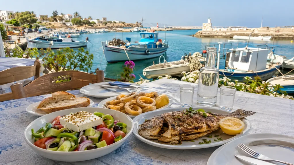 Greek salad, grilled fish, calamari and ouzo at an Ayia Napa harbour taverna