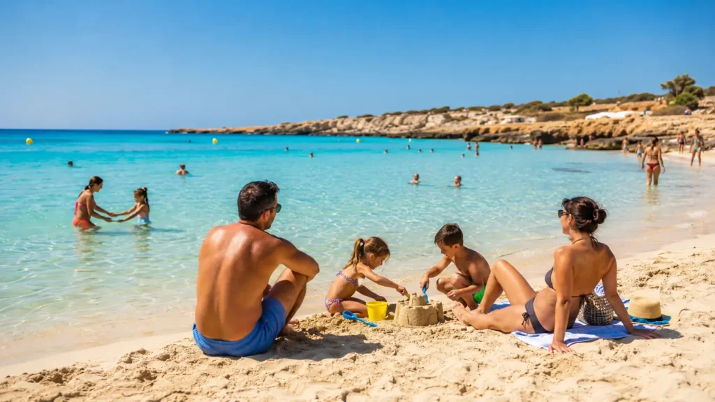 Family with children enjoying a sandy beach in Ayia Napa during summer