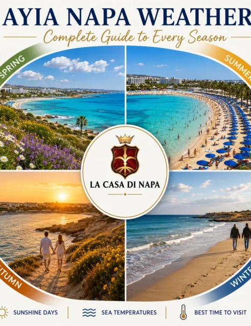Ayia Napa weather throughout the four seasons with spring, summer, autumn and winter in Cyprus.