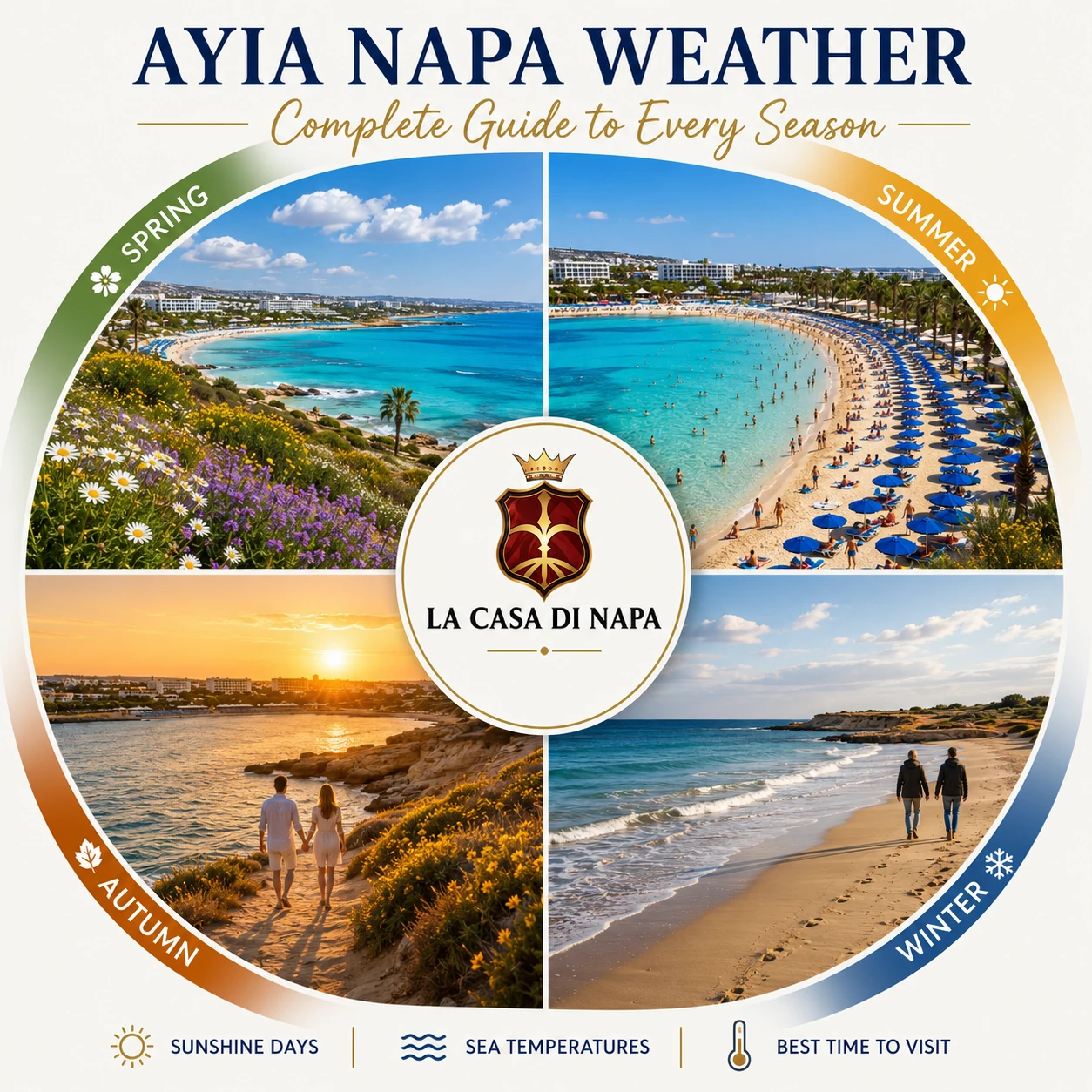 Ayia Napa weather throughout the four seasons with spring, summer, autumn and winter in Cyprus.