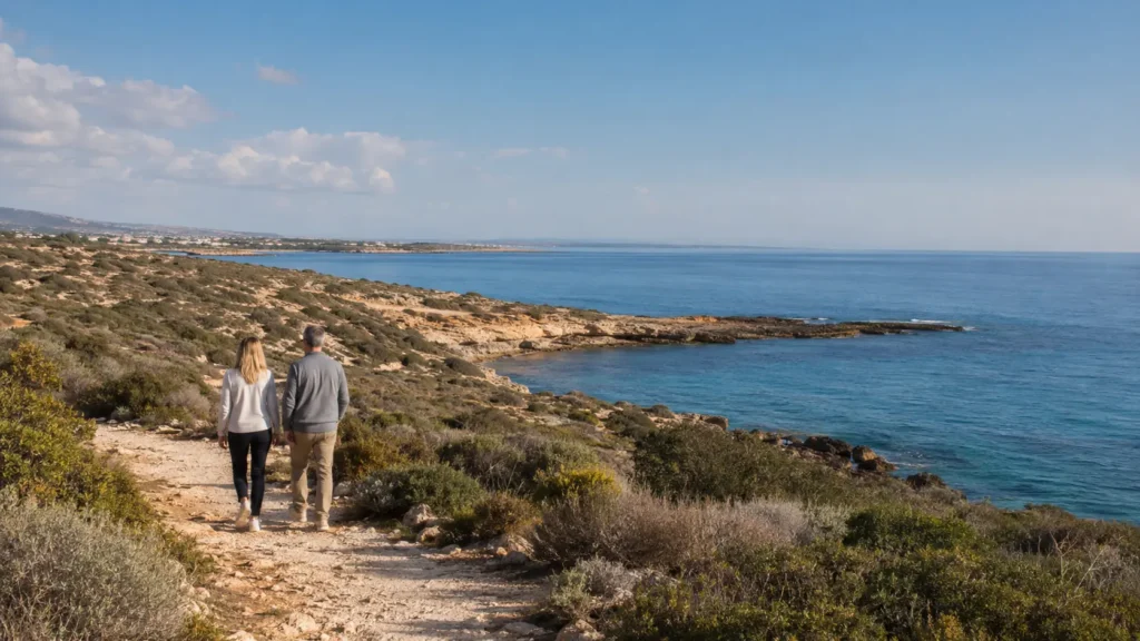 Couple walking along the Ayia Napa coast on a sunny winter day
