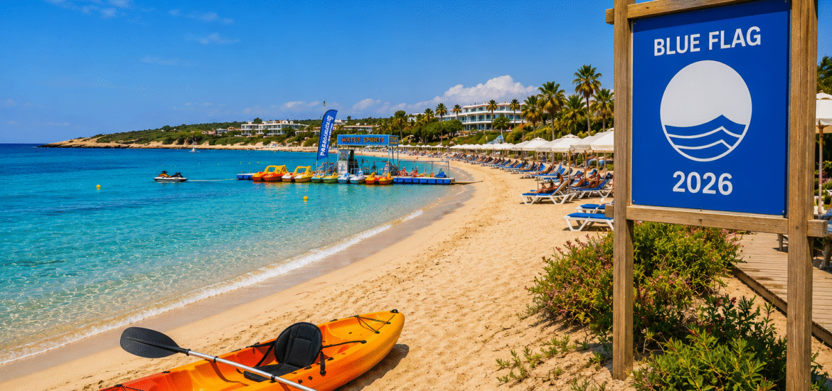 Blue Flag 2026 beach in East Ayia Napa with a kayak on the sandy beach, crystal-clear Mediterranean waters and watersports facilities.