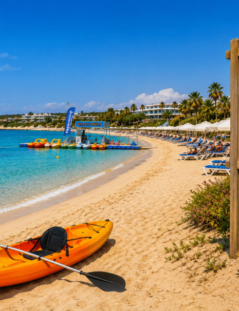 Blue Flag 2026 beach in East Ayia Napa with a kayak on the sandy beach, crystal-clear Mediterranean waters and watersports facilities.