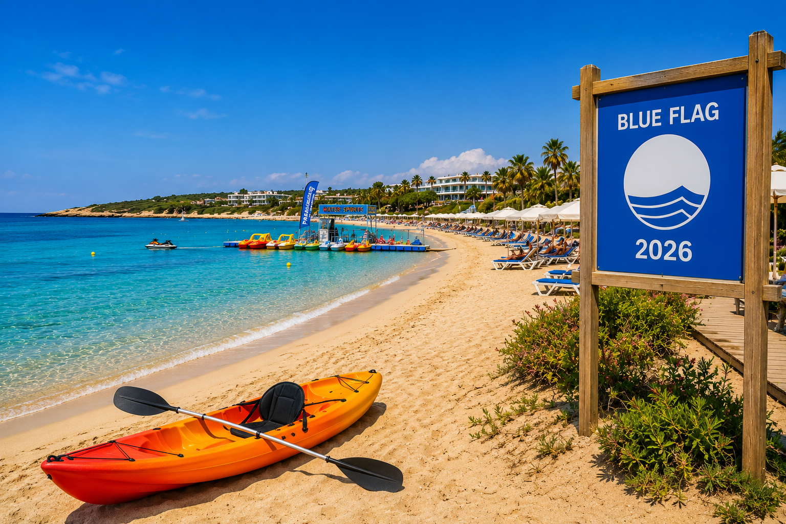 Blue Flag 2026 beach in East Ayia Napa with a kayak on the sandy beach, crystal-clear Mediterranean waters and watersports facilities.