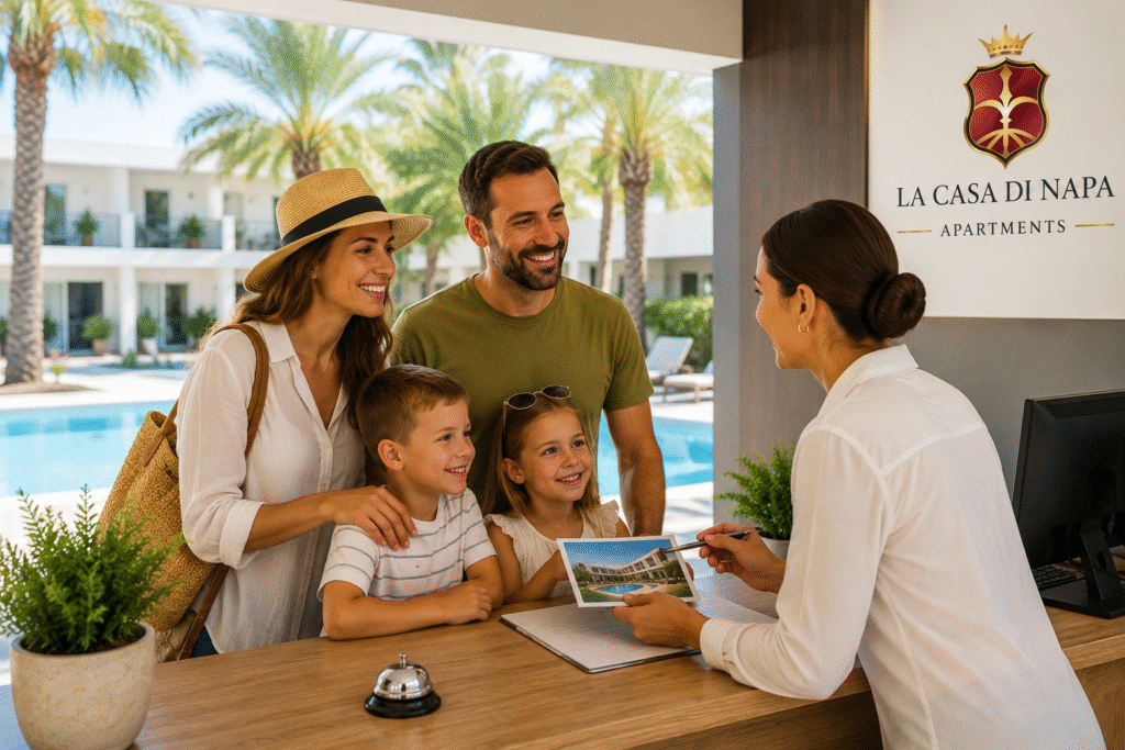 Family receiving a personalised holiday offer at La Casa Di Napa Apartments in Ayia Napa