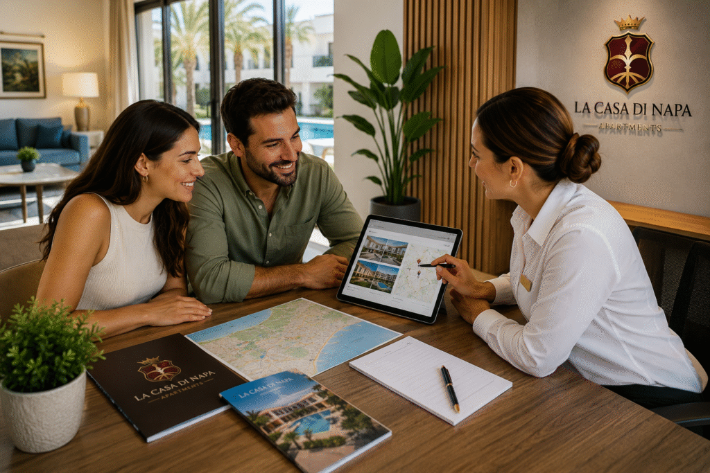 Guests receiving personalised assistance for a direct reservation at La Casa Di Napa Apartments