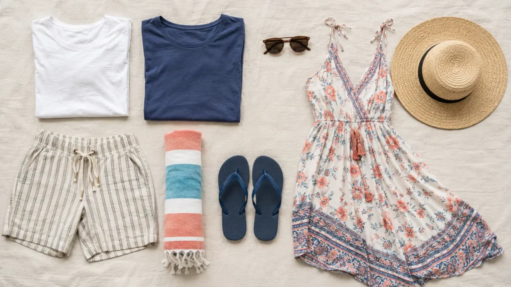 T-shirts, shorts, beach towel, flip-flops, sunglasses, beach dress and sun hat for Ayia Napa